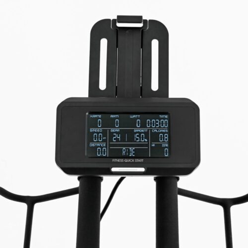 Toorx SRX-REBEL Smart Bike in Aktion, Detailansicht der Konsole, Toorx SRX-REBEL im Wohnzimmer