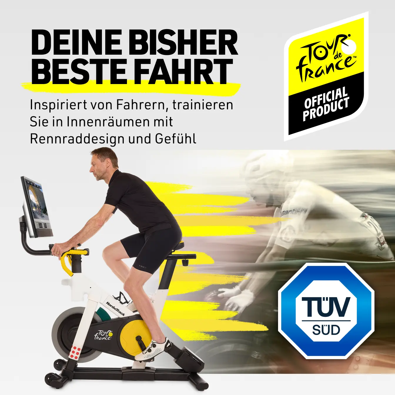 Tour de France Indoor Bike 1 Tour de France Indoor Bike mit 24'' Touchscreen, Steigung bis 20 % und Profi-iFIT Workouts